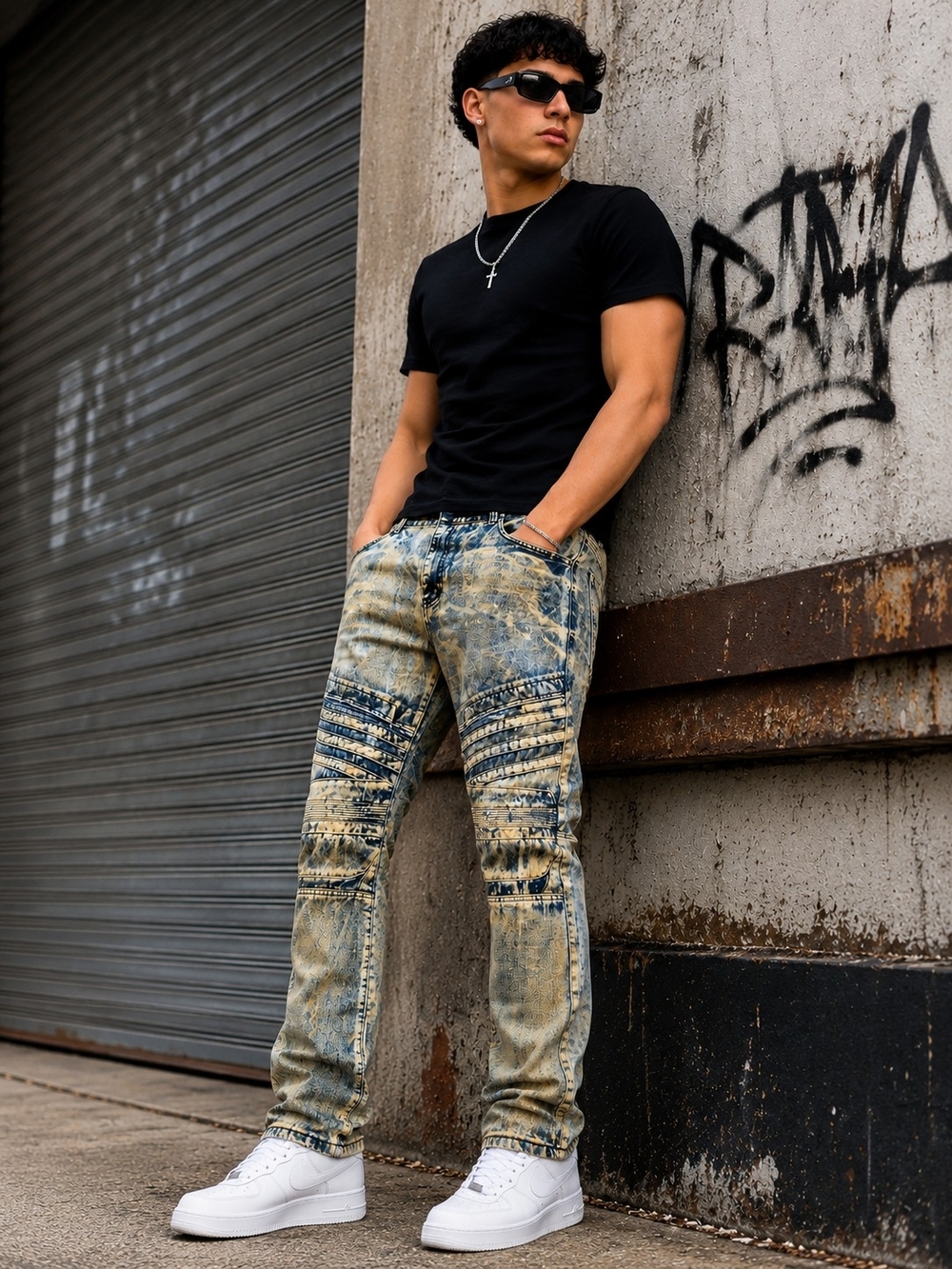 Encrypted Acid Wash Biker Jeans Mens 42 Moto Distressed Y2K Streetwear Denim